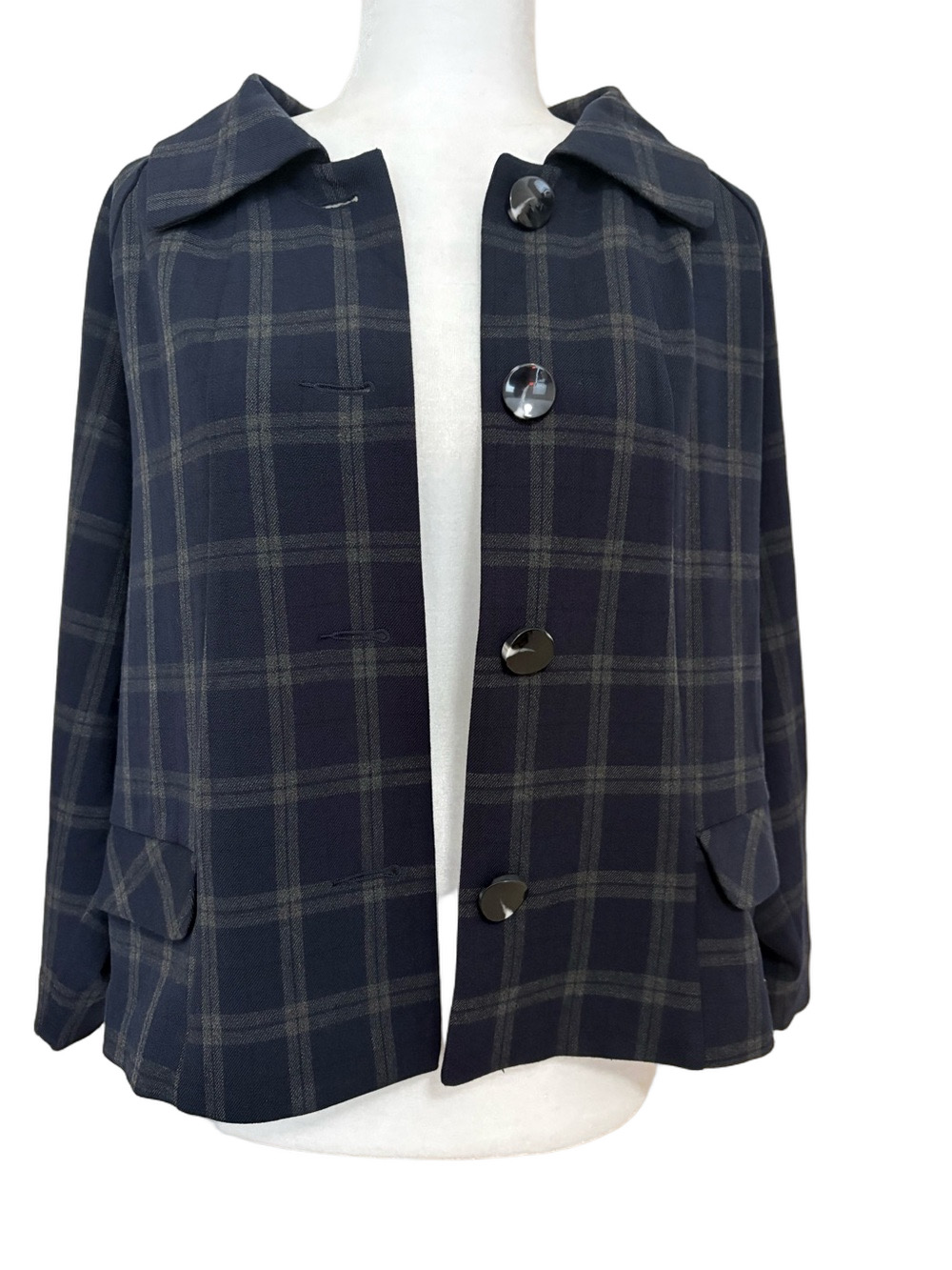 CAbi Connery Dark Plaid Jacket in Navy and Gray #3551
